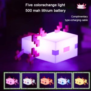 Minecraft Inspired Axolotl Night Light – 5 Color Touch Rechargeable Bedside Lamp (4)