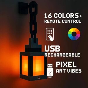 Minecraft Lantern Night Light – 16 Color Rechargeable LED Pixel Lamp with Remote (8)